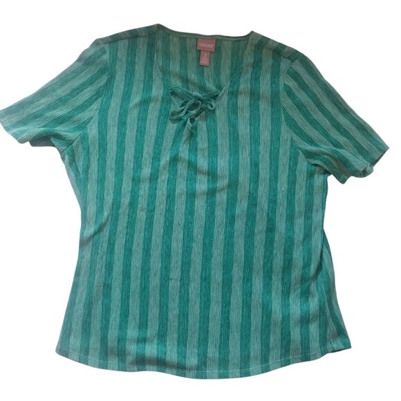 Chicos Green Striped Short Sleeve Top Size 3 Polyester Rayon Blend Womens Shirt - Picture 1 of 7